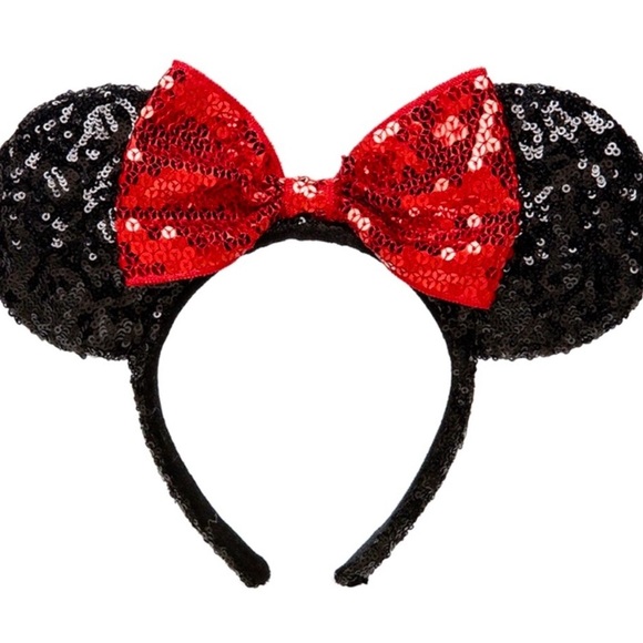 NEW! Disney Parks Minnie Mouse Headband Ears Black Sequin Ears Red Sequin Bow - Picture 2 of 5
